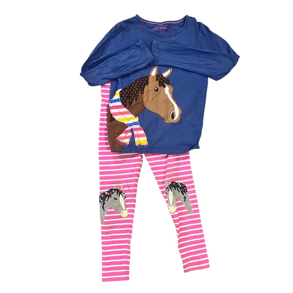 Mini Boden Girls Horse Applique Outfit Set Blue Top Pink Striped Leggings 8-10Y